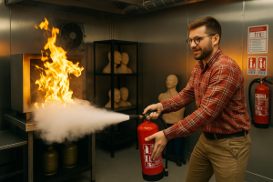 Homme utilisant un extincteur sur un feu.